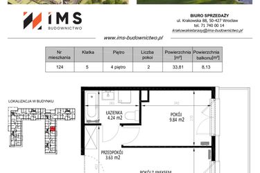 Rzut - Mieszkanie na sprzedaż 2 pokoje o powierzchni 33,74 m² - numer 124 w Krakowskie Tarasy etap V