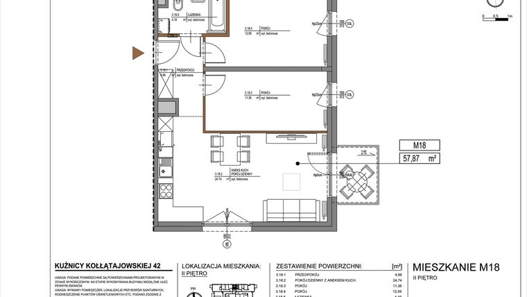Rzut - Mieszkanie na sprzedaż 3 pokoje o powierzchni 57,87 m² - numer M18 w Kuźnicy Kołłątajowskiej 42
