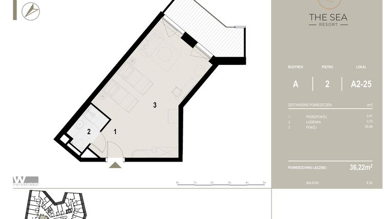 Rzut - Mieszkanie na sprzedaż 1 pokój o powierzchni 36,22 m² - numer A2-25 w The Sea Resort Międzyzdroje