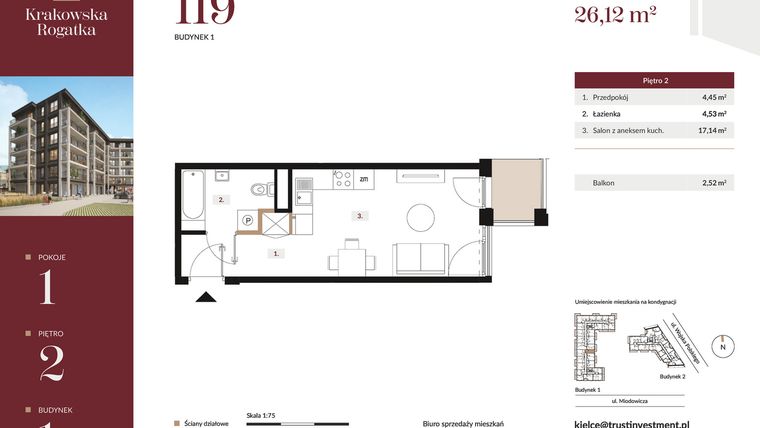 Rzut - Mieszkanie na sprzedaż 1 pokój o powierzchni 26,12 m² - numer 1.M119 w Krakowska Rogatka
