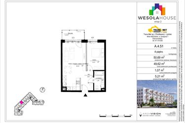 Rzut - Mieszkanie na sprzedaż 2 pokoje o powierzchni 49,62 m² - numer A.4.51 w Wesoła House Etap II