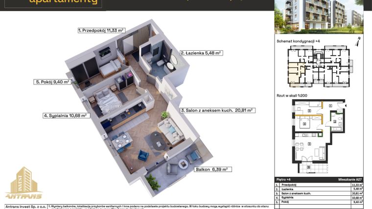 Rzut - Mieszkanie na sprzedaż 3 pokoje o powierzchni 59,42 m² - numer A27 w Osiedle Wełnowe Apartamenty