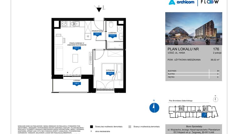 Rzut - Mieszkanie na sprzedaż 2 pokoje o powierzchni 38,02 m² - numer 176 w Flow