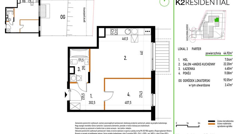Rzut - Mieszkanie na sprzedaż 2 pokoje o powierzchni 44,92 m² - numer 3 w Kowalskiego 37