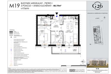 Rzut - Mieszkanie na sprzedaż 3 pokoje o powierzchni 44,19 m² - numer 19 w Gęsia 26