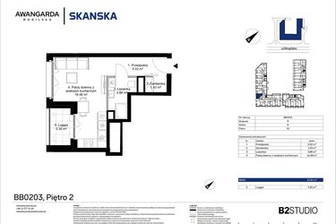 Rzut - Mieszkanie na sprzedaż 1 pokój o powierzchni 26,81 m² - numer 1BB0203 w Awangarda Mogilska