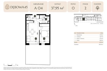 Rzut - Mieszkanie na sprzedaż 2 pokoje o powierzchni 37,95 m² - numer A.04 w Dębowa 45