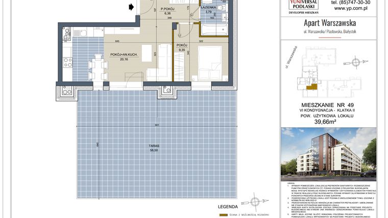 Rzut - Mieszkanie na sprzedaż 2 pokoje o powierzchni 39,66 m² - numer 49 w Apart Warszawska