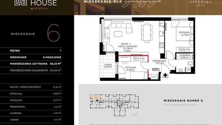 Rzut - Mieszkanie na sprzedaż 3 pokoje o powierzchni 59,44 m² - numer 6 w Kobi HOUSE