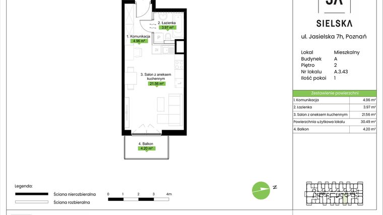 Rzut - Mieszkanie na sprzedaż 1 pokój o powierzchni 30,49 m² - numer A.3.43 w JA_SIELSKA V