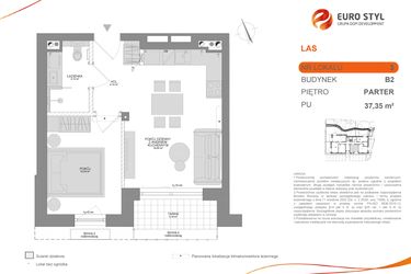 Rzut - Mieszkanie na sprzedaż 2 pokoje o powierzchni 37,35 m² - numer B2 3 w Las