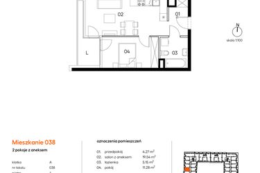 Rzut - Mieszkanie na sprzedaż 2 pokoje o powierzchni 40,24 m² - numer A.A038 w Miasto Polskich Mistrzów Olimpijskich II