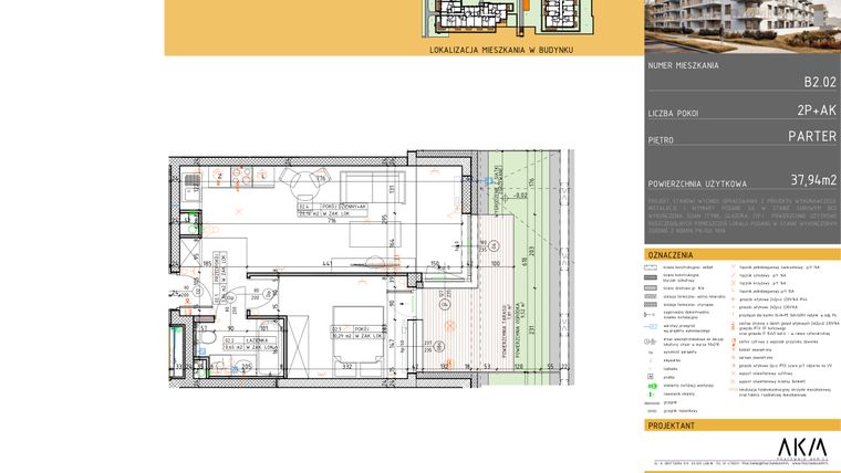 Rzut - Mieszkanie na sprzedaż 2 pokoje o powierzchni 37,94 m² - numer B2.2 w Nova Daliova