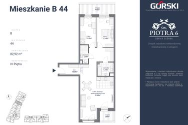 Rzut - Mieszkanie na sprzedaż 3 pokoje o powierzchni 82,92 m² - numer B44 w Św. Piotra