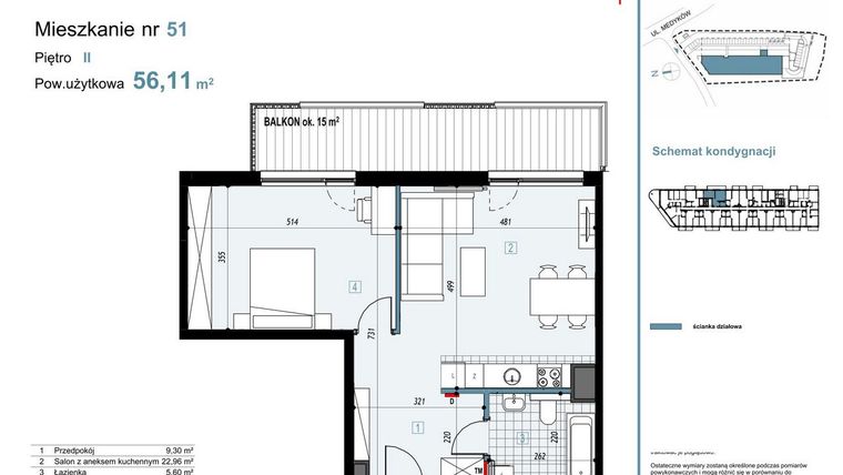 Rzut - Mieszkanie na sprzedaż 2 pokoje o powierzchni 56,11 m² - numer 51 w Medyków 32