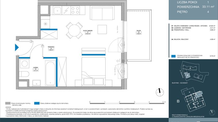 Rzut - Mieszkanie na sprzedaż 1 pokój o powierzchni 33,11 m² - numer B.1.5.1 w Meri Apartamenty
