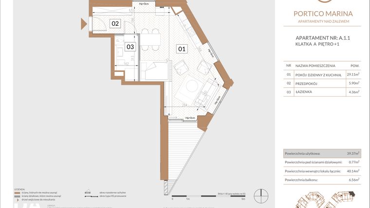 Rzut - Mieszkanie na sprzedaż 1 pokój o powierzchni 55,38 m² - numer A.1.1 w Portico Marina