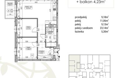 Rzut - Mieszkanie na sprzedaż 3 pokoje o powierzchni 57,81 m² - numer A1.01.09 w Zakątek Flora