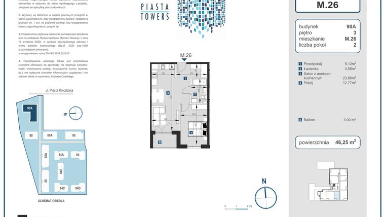 Rzut - Mieszkanie na sprzedaż 2 pokoje o powierzchni 46,25 m² - numer 26 w Piasta Towers bud. 90A