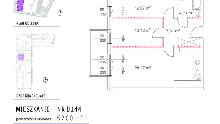 Rzut - Mieszkanie na sprzedaż 3 pokoje o powierzchni 59,08 m² - numer D144 w Osiedle Impresja 2