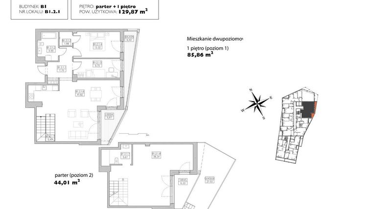 Rzut - Mieszkanie na sprzedaż 4 pokoje o powierzchni 129,87 m² - numer B1.2.1 w Alvarium 2.0