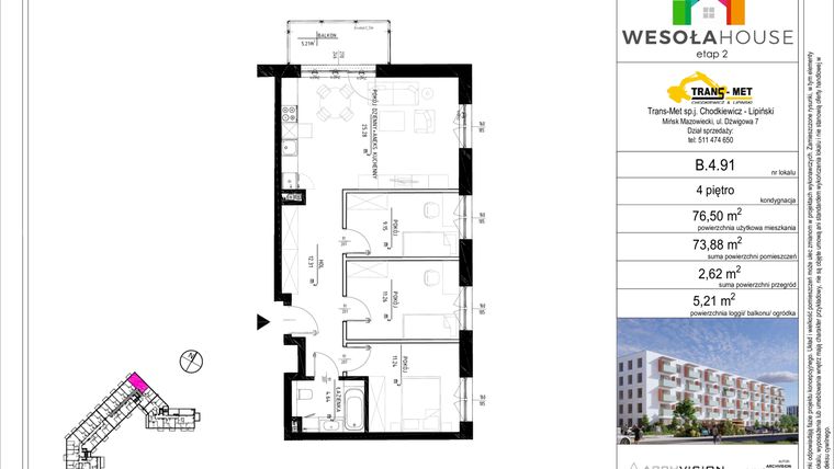 Rzut - Mieszkanie na sprzedaż 4 pokoje o powierzchni 73,83 m² - numer B.4.91 w Wesoła House Etap II