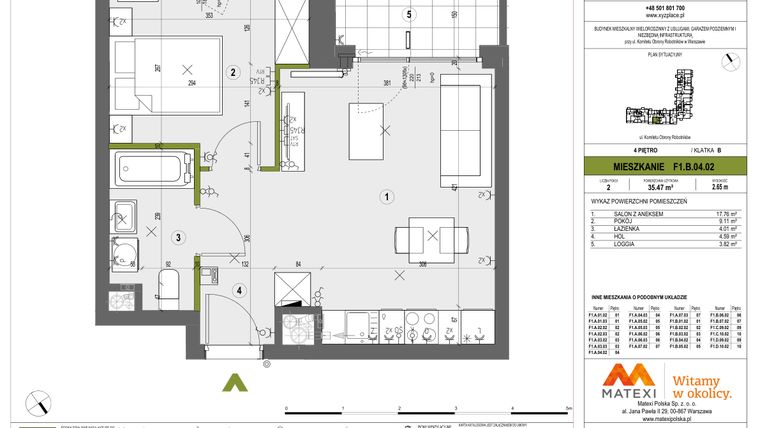 Rzut - Mieszkanie na sprzedaż 2 pokoje o powierzchni 35,47 m² - numer F1.B.04.02 w XYZ Place