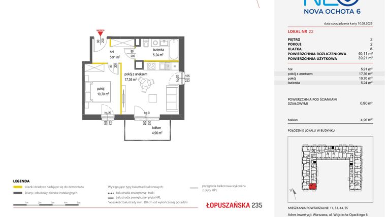 Rzut - Mieszkanie na sprzedaż 2 pokoje o powierzchni 40,11 m² - numer 22 w Neo Nova Ochota 6