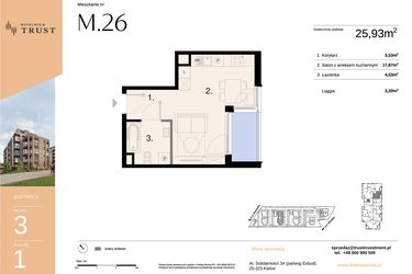 Rzut - Mieszkanie na sprzedaż 1 pokój o powierzchni 25,93 m² - numer B - M.26 w Dzielnica Trust