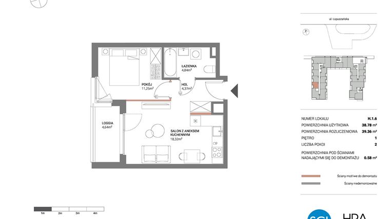 Rzut - Mieszkanie na sprzedaż 2 pokoje o powierzchni 39,36 m² - numer H.1.6 w Łopuszańska 47 - etap 3
