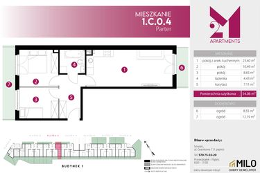 Rzut - Mieszkanie na sprzedaż 3 pokoje o powierzchni 54,08 m² - numer 1.C.0.4 w 2M Apartments etap IV