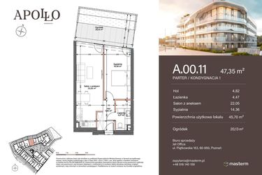 Rzut - Mieszkanie na sprzedaż 2 pokoje o powierzchni 45,7 m² - numer A.0.11 w Apollo Residence