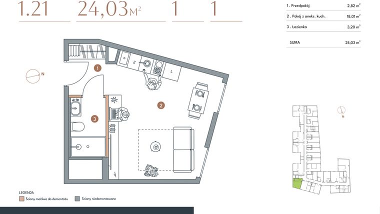 Rzut - Mieszkanie na sprzedaż 1 pokój o powierzchni 24,03 m² - numer 1.21 w Starowiejska 3