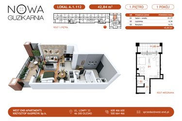 Rzut - Mieszkanie na sprzedaż 1 pokój o powierzchni 42,76 m² - numer A.1.112 w Nowa Guzikarnia