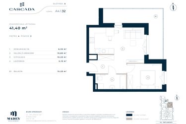 Rzut - Mieszkanie na sprzedaż 2 pokoje o powierzchni 41,4 m² - numer A4.1.32 w Cascada