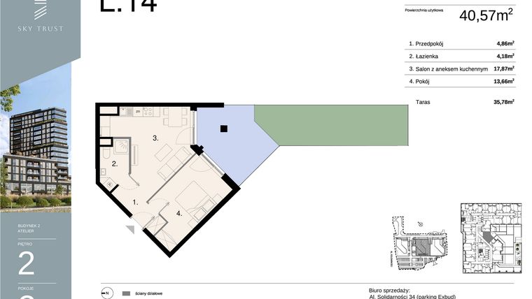 Rzut - Mieszkanie na sprzedaż 2 pokoje o powierzchni 40,57 m² - numer L14 w Sky Trust etap II - apartamenty inwestycyjne 23% VAT PRS