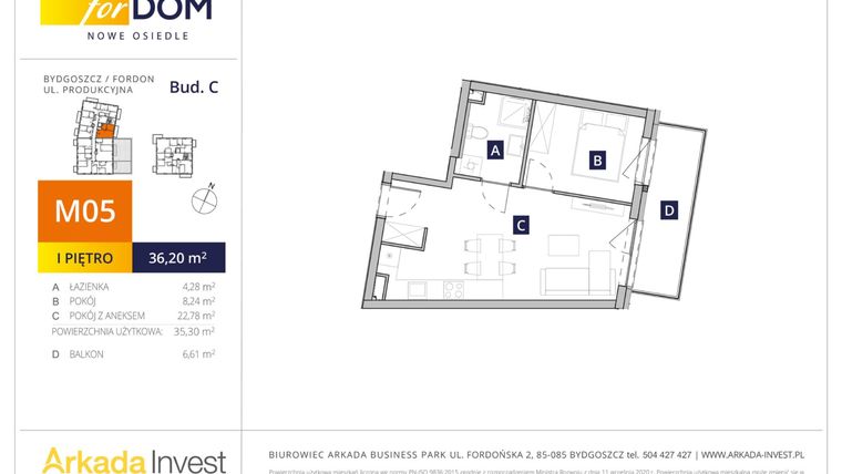Rzut - Mieszkanie na sprzedaż 2 pokoje o powierzchni 35,22 m² - numer M5_F.c w Osiedle forDOM – etap C