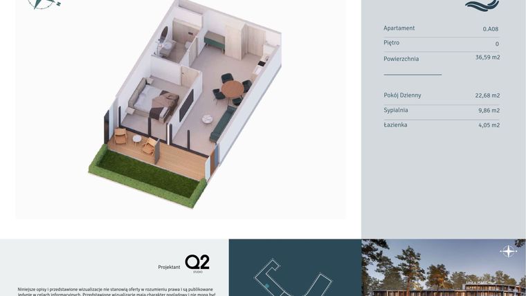 Rzut - Mieszkanie na sprzedaż 2 pokoje o powierzchni 36,59 m² - numer 0.A08 w Linea Mare - apartamenty inwestycyjne