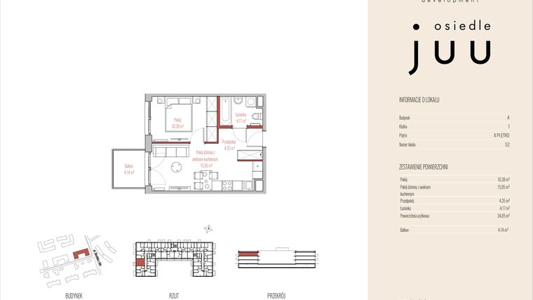 Rzut - Mieszkanie na sprzedaż 2 pokoje o powierzchni 34,85 m² - numer A.M052 w Osiedle Juu