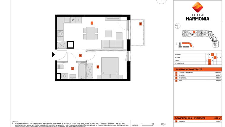Rzut - Mieszkanie na sprzedaż 2 pokoje o powierzchni 36,03 m² - numer C.24 w Osiedle Harmonia