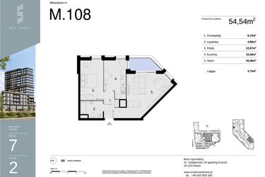 Rzut - Mieszkanie na sprzedaż 2 pokoje o powierzchni 54,54 m² - numer M108 w Sky Trust etap II