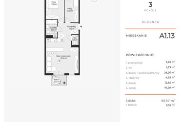 Rzut - Mieszkanie na sprzedaż 3 pokoje o powierzchni 65,49 m² - numer A1.13 w Enklawa Bukowa