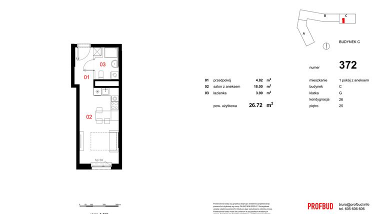 Rzut - Mieszkanie na sprzedaż 1 pokój o powierzchni 26,72 m² - numer 372 w Osiedle Mocha Tower