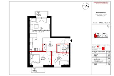 Rzut - Mieszkanie na sprzedaż 3 pokoje o powierzchni 60,53 m² - numer 11 w Czynu Społecznego 65E