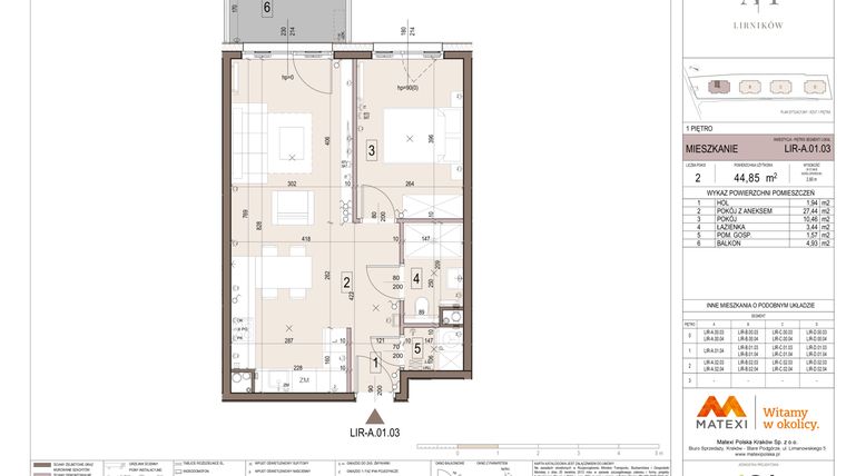 Rzut - Mieszkanie na sprzedaż 2 pokoje o powierzchni 44,85 m² - numer A.01.03 w Takt Lirników