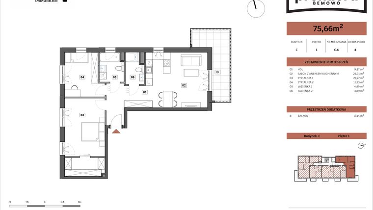 Rzut - Mieszkanie na sprzedaż 3 pokoje o powierzchni 75,66 m² - numer C.06 w Premiera Bemowo