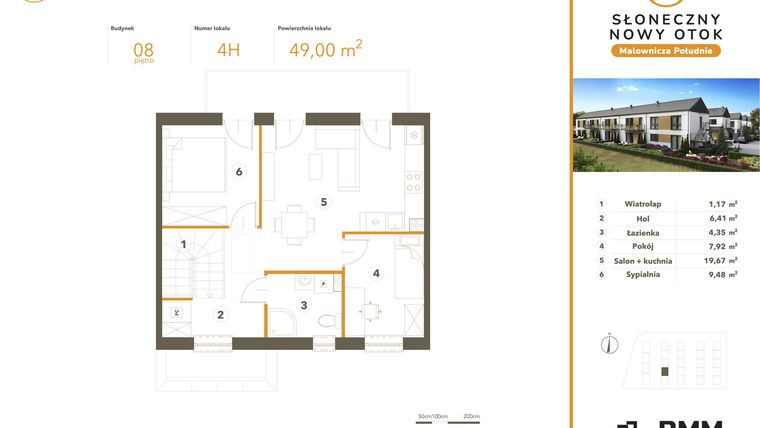 Rzut - Mieszkanie na sprzedaż 3 pokoje o powierzchni 49 m² - numer 4H w Słoneczny Nowy Otok - Malownicza Południe etap II