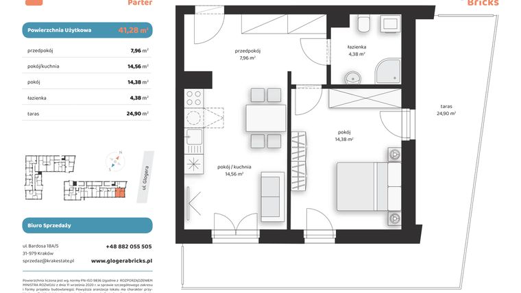 Rzut - Mieszkanie na sprzedaż 2 pokoje o powierzchni 41,28 m² - numer M I.0.2 w Glogera Bricks