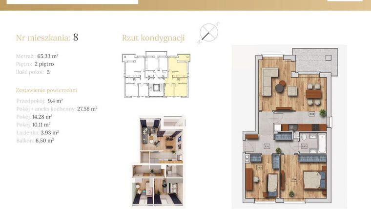 Rzut - Mieszkanie na sprzedaż 3 pokoje o powierzchni 66,15 m² - numer 51C.8 w Dębowa 51