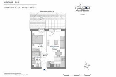 Rzut - Mieszkanie na sprzedaż 2 pokoje o powierzchni 42,15 m² - numer D.0.5 w Nowa Dąbrowa bud. DE